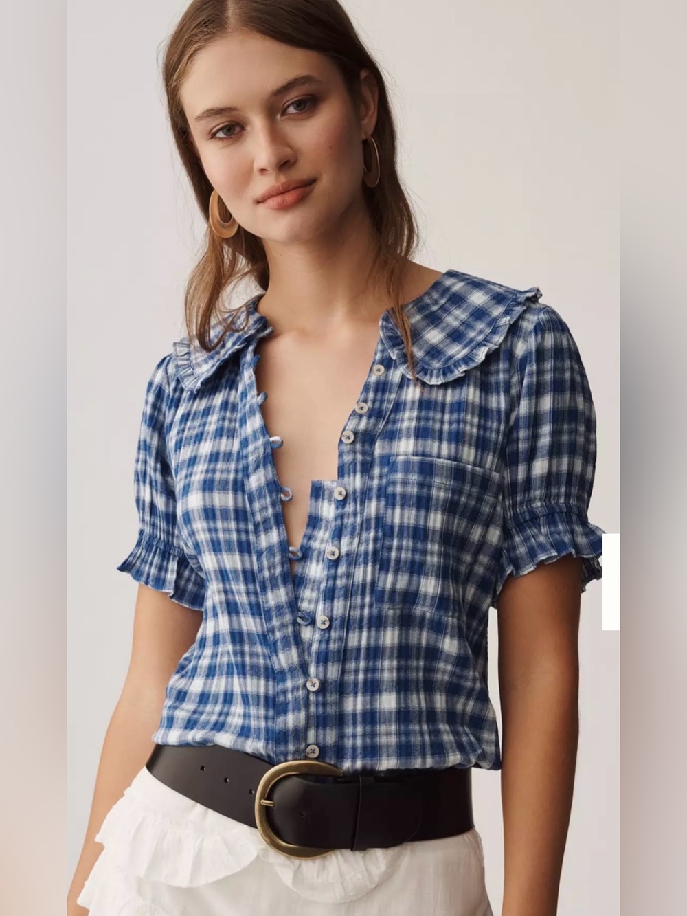 NWT Keira Plaid Blouse Pilcro XXS Oversized top shirt blue white square buttons